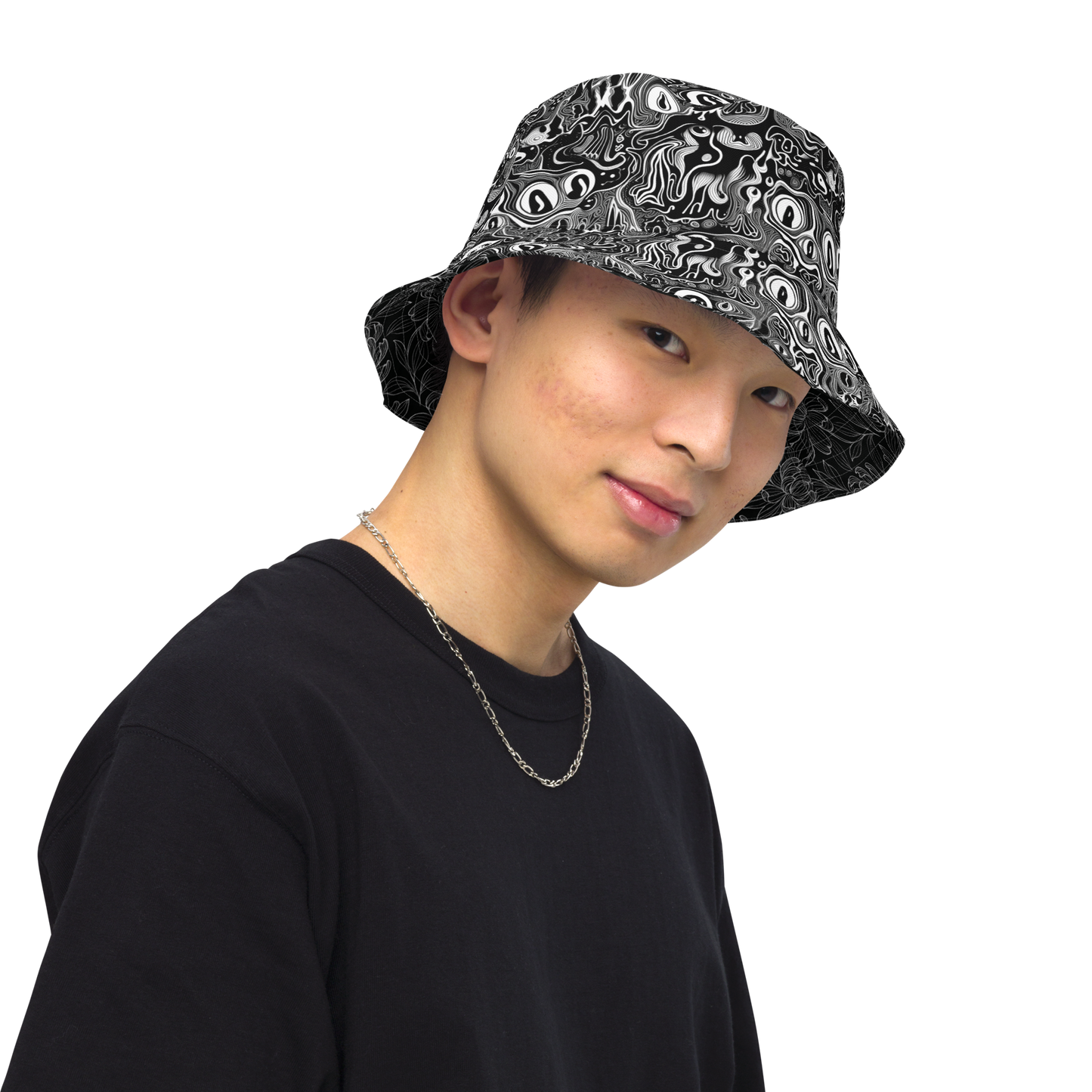 Black Floral / Doodle - Reversible Bucket Hat
