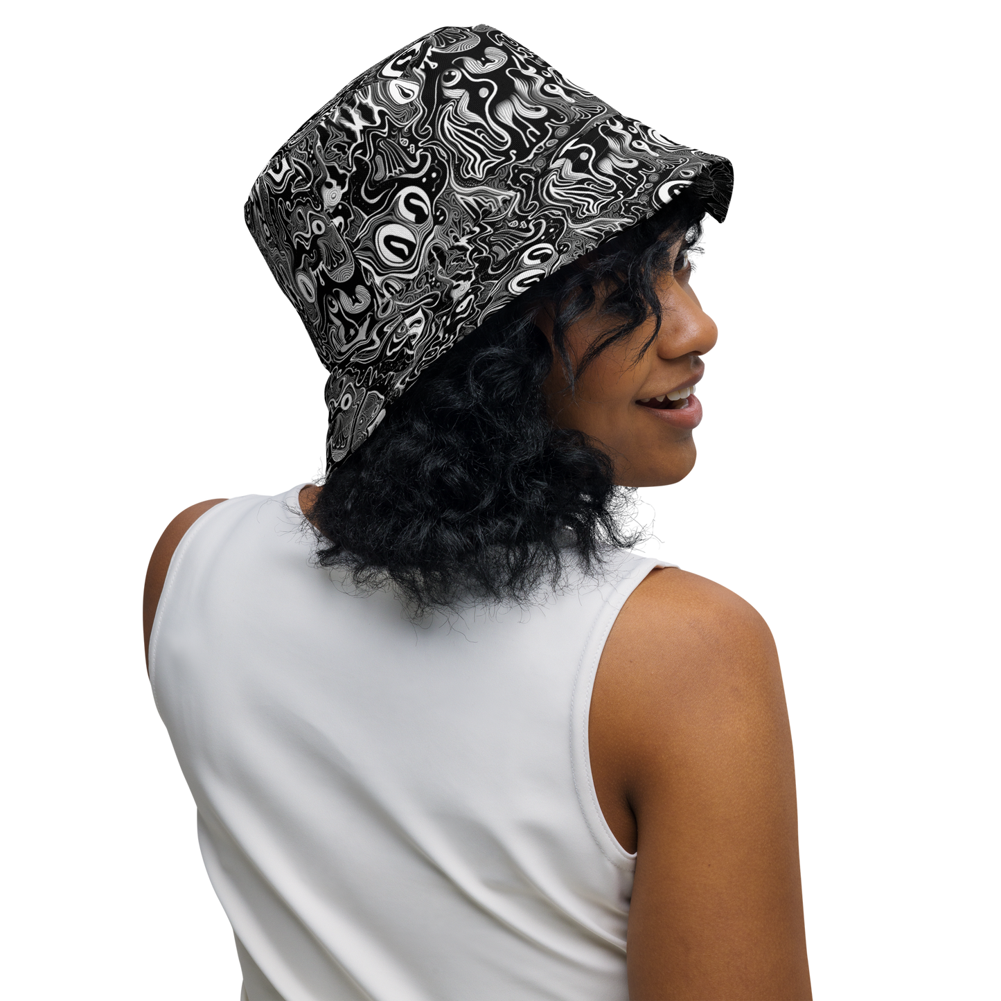 Black Floral / Doodle - Reversible Bucket Hat